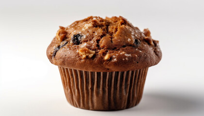 Chocolate muffin isolated on white background side view detail close up studio product presentation .
