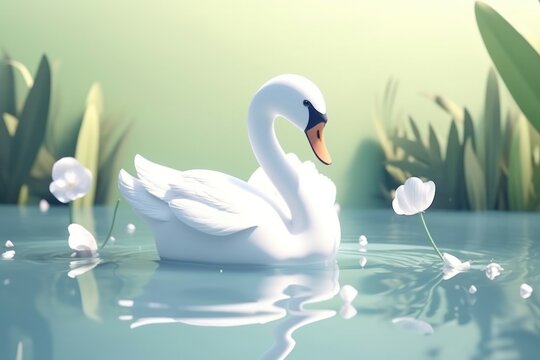 3D cartoon graceful cute swan is gliding across a pond. Its feathers glistening in the sunlight. Generative AI