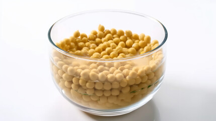 A glass bowl of soya beans or soybean isolated on white.