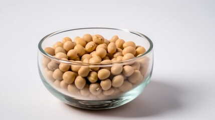 A glass bowl of soya beans or soybean isolated on white.