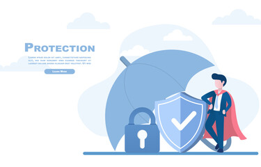 Superman standing near a shield can represent the concept of protection. Protect attack, safeguard, Prevention, Ensure safety, Insurance. Flat vector illustration.