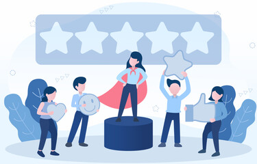 Customer review evaluation. Customers provide feedback and rating on the products or services through internet network or survey score. Flat vector illustration.