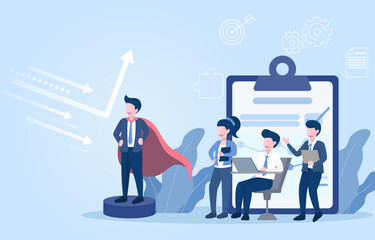 The protector boss ensures the safety and well-being of employees. Employees are happy while having their bosses lead and protect. Flat vector illustration.