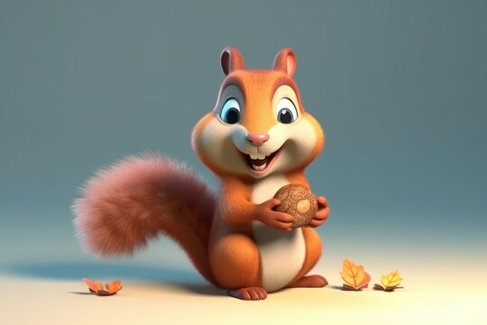 3D cartoon happy-go-lucky cute squirrel is darting around, gathering nuts for the winter. Generative AI