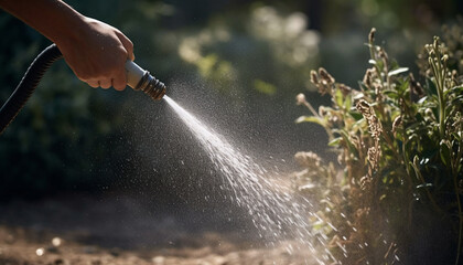 A hand holding a hose nozzle and watering the garden outside. Splashing and spraying water from the hose.