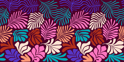 Fototapeta premium Multicolor abstract background with tropical palm leaves in Matisse style. Vector seamless pattern with Scandinavian cut out elements.
