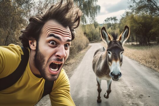Surprised man selfie with donkey. Generate Ai