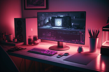 Desktop Setup With Purple Ambient Light in Background | Generative Art