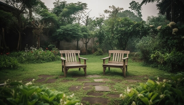 Backyard garden wooden chair a place to sit and relax with nature and plant surround. Background and backdrop.