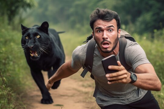 Scared selfie man with panther. Generate Ai