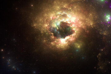Orange clouds of stardust in black space. Abstract fractal 3D rendering