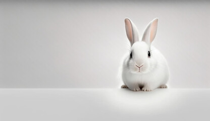 Obraz premium cute animal pet rabbit or bunny white color smiling and laughing isolated with copy space for easter background, rabbit, animal, pet, cute, fur, ear, mammal, background, celebration, generate by AI