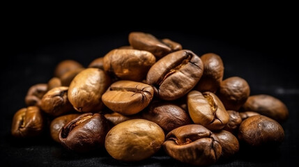 Naklejka premium A handful of roasted dried coffee beans studio shot good for product and marketing with some copy space or for background and backdrop. Close up macro product and studio shot.