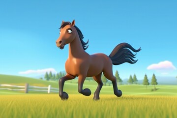 3D cute cartoon majestic horse is galloping across a wide-open field, free and wild. Generative AI