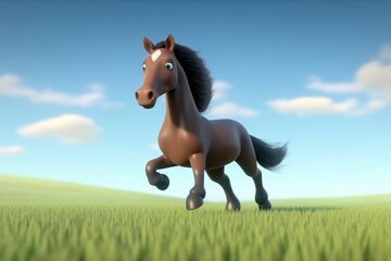 Obraz na płótnie Canvas 3D cute cartoon majestic horse is galloping across a wide-open field, free and wild. Generative AI