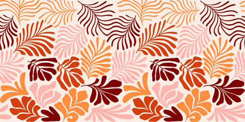 Multicolor abstract background with tropical palm leaves in Matisse style. Vector seamless pattern with Scandinavian cut out elements.