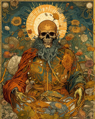 Illustration of a tarot card with the skeleton of a godlike elder - obrazy, fototapety, plakaty