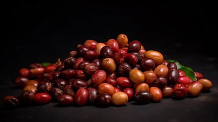 A pile of raw coffee fruits studio shot product photography and good presentation.