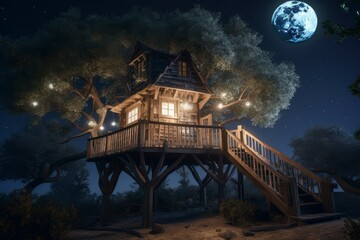 Tree house moon night. Generate Ai