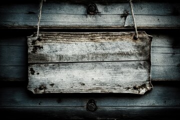 Old wooden signboard hanging on a wooden wall. Toned.