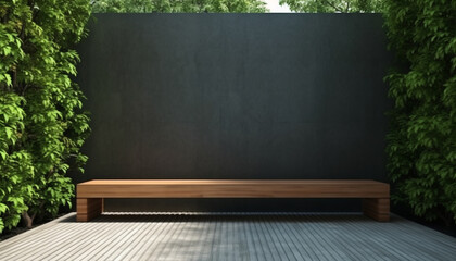 Natural minimalist backyard home with some garden and wooden bench a place to relax and sit. As background and backdrop.