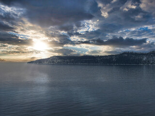 Mountains in Thunder Bay Ontario during a cloudy sunrise on Lake Superior