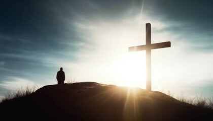 Silhouette of Christian cross in at the hill peace and spiritual symbol of Christian people. Inspiration, resurrection hope and concept.