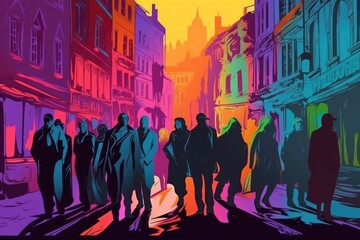 Colorful silhouette of figures in an old city in the style of psychedelic color palette hyperrealistic illustrations. Generative AI