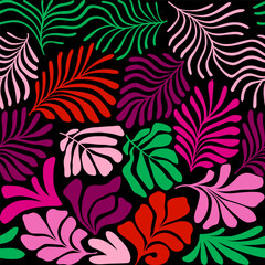 Multicolor abstract background with tropical palm leaves in Matisse style. Vector seamless pattern with Scandinavian cut out elements.
