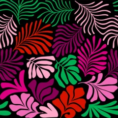 Selbstklebende Fototapeten Multicolor abstract background with tropical palm leaves in Matisse style. Vector seamless pattern with Scandinavian cut out elements. © Oleksandra