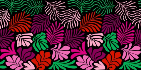 Schilderijen op glas Multicolor abstract background with tropical palm leaves in Matisse style. Vector seamless pattern with Scandinavian cut out elements. © Oleksandra