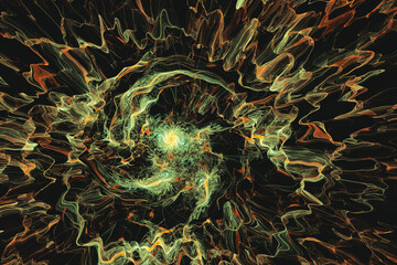 Orange green pattern of crooked waves on a black background. Abstract fractal 3D rendering
