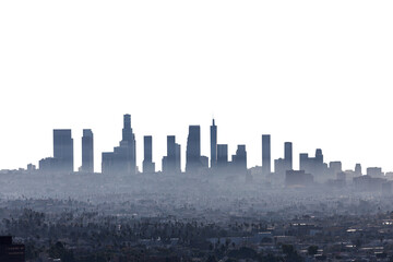 Smoggy skyline view of Los Angeles and Hollywood with cut out background.