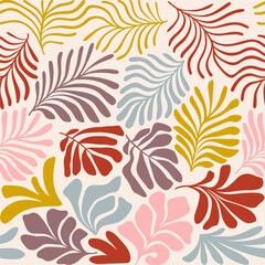 Multicolor abstract background with tropical palm leaves in Matisse style. Vector seamless pattern with Scandinavian cut out elements.