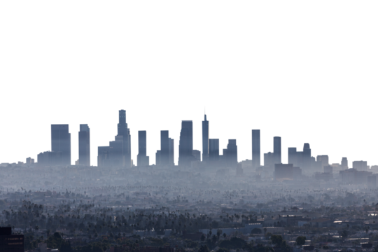 Smoggy skyline view of Los Angeles and Hollywood with cut out background.