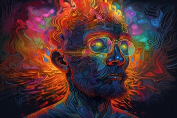 Man's head is shown with a large number of colorful lights in the style of intricate psychedelic patterns necronomicon illustrations. Generative AI