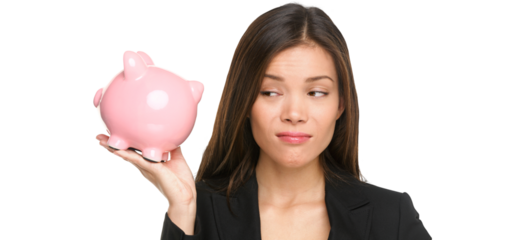 Piggy bank savings with unhappy funny woman looking displeased at pink piggy bank isolated on white background. Business woman or banker wearing suit jacket. Isolated on transparent PNG background.