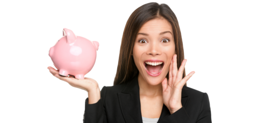 Woman holding piggy bank screaming and shouting excited and funny. Savings and banking with happy businesswoman holding pink piggy bank. Savings concept isolated on transparent PNG background.