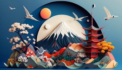 Abstract background Mt.Fuji and pagoda in Japan landscape, Sakura and sky in paper art and craft design concept.  Created using generative AI.