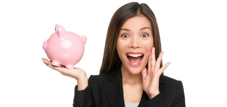 Woman holding piggy bank screaming and shouting excited and funny. Savings and banking with happy businesswoman holding pink piggy bank. Savings concept isolated on transparent PNG background.