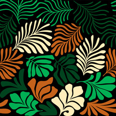 Multicolor abstract background with tropical palm leaves in Matisse style. Vector seamless pattern with Scandinavian cut out elements.