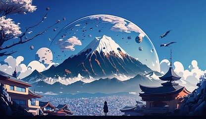 Abstract background Mt.Fuji and pagoda in Japan landscape, Sakura and sky in paper art and craft design concept.  Created using generative AI.