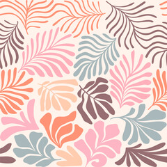Multicolor abstract background with tropical palm leaves in Matisse style. Vector seamless pattern with Scandinavian cut out elements.