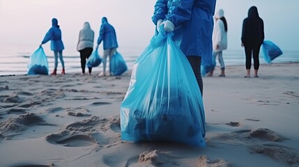 Fototapeta na wymiar Person collecting garbage on the beach. Generative AI