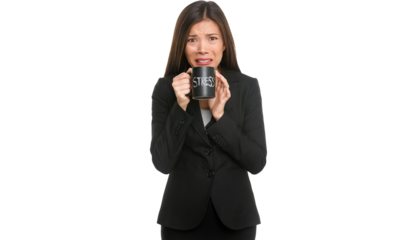 Stress. Business woman stressed being too busy. Businesswoman in suit holding head drinking coffee creating more stress. Mixed race Asian Caucasian female isolated on PNG background.