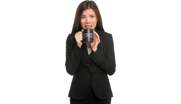 Stress. Business woman stressed being too busy. Businesswoman in suit holding head drinking coffee creating more stress. Mixed race Asian Caucasian female isolated on PNG background.