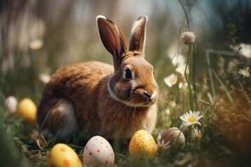 Fototapeta na wymiar Easter bunny and easter eggs in the meadow with flowers Generative AI