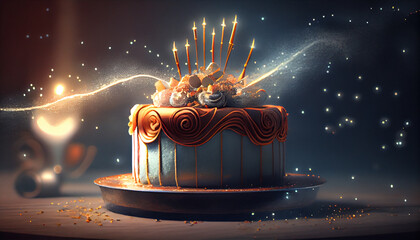 Beautiful celebration festive few tier cake, magic composition with candles and bokeh. Generative AI illustration