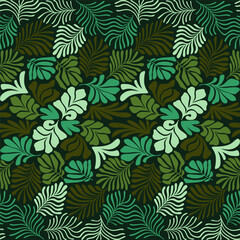 Fototapeta premium Multicolor abstract background with tropical palm leaves in Matisse style. Vector seamless pattern with Scandinavian cut out elements.