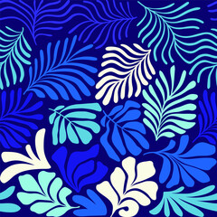 Multicolor abstract background with tropical palm leaves in Matisse style. Vector seamless pattern with Scandinavian cut out elements.
